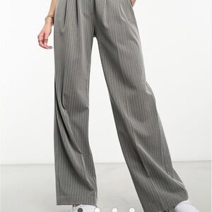 Miss Selfridge slouchy wide leg pinstripe pants with extended tab detail